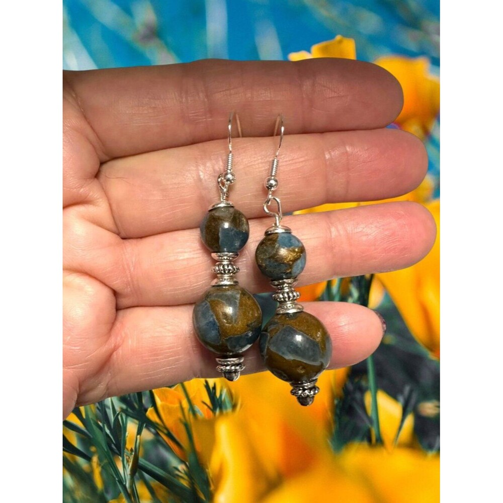 Golden Aqua Quartz Earrings Blue Brown Gemstone 925 Sterling Silver Handmade